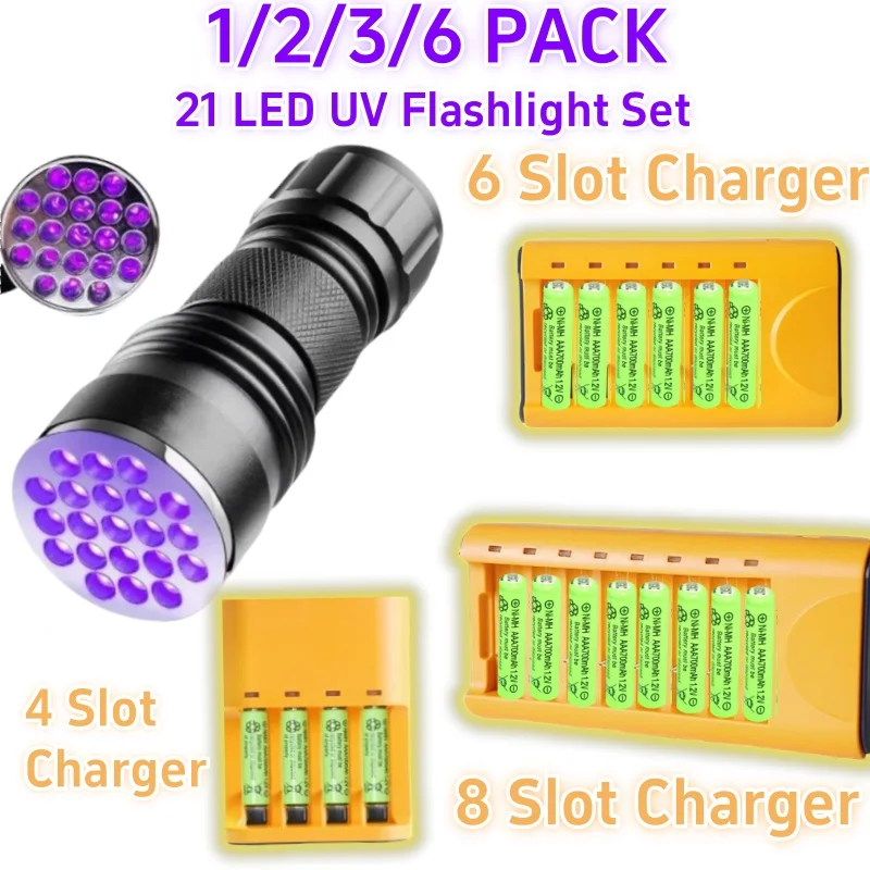 Skywolfeye 1-6 Pack UV Flashlight Set Black Light 21 LED Flashlight with AAA Battery for Pet Stain Scorpion Finder