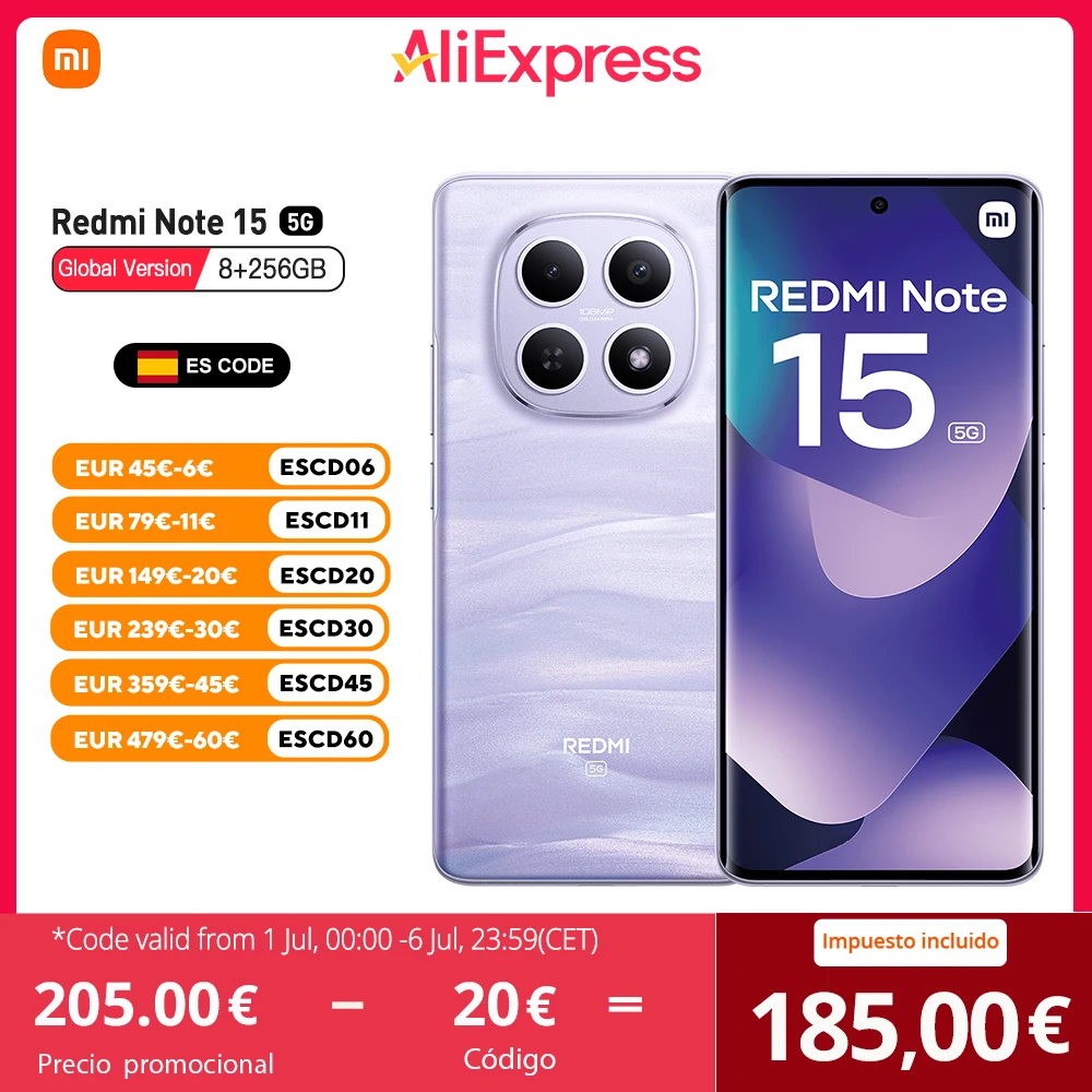 Xiaomi Redmi Note 15 5G Versión Europea 8GB 256GB Snapdragon 6 Gen 3, 6.77", 120Hz, 5520mAh,108MP OIS, IP65, NFC, Sin Cargador