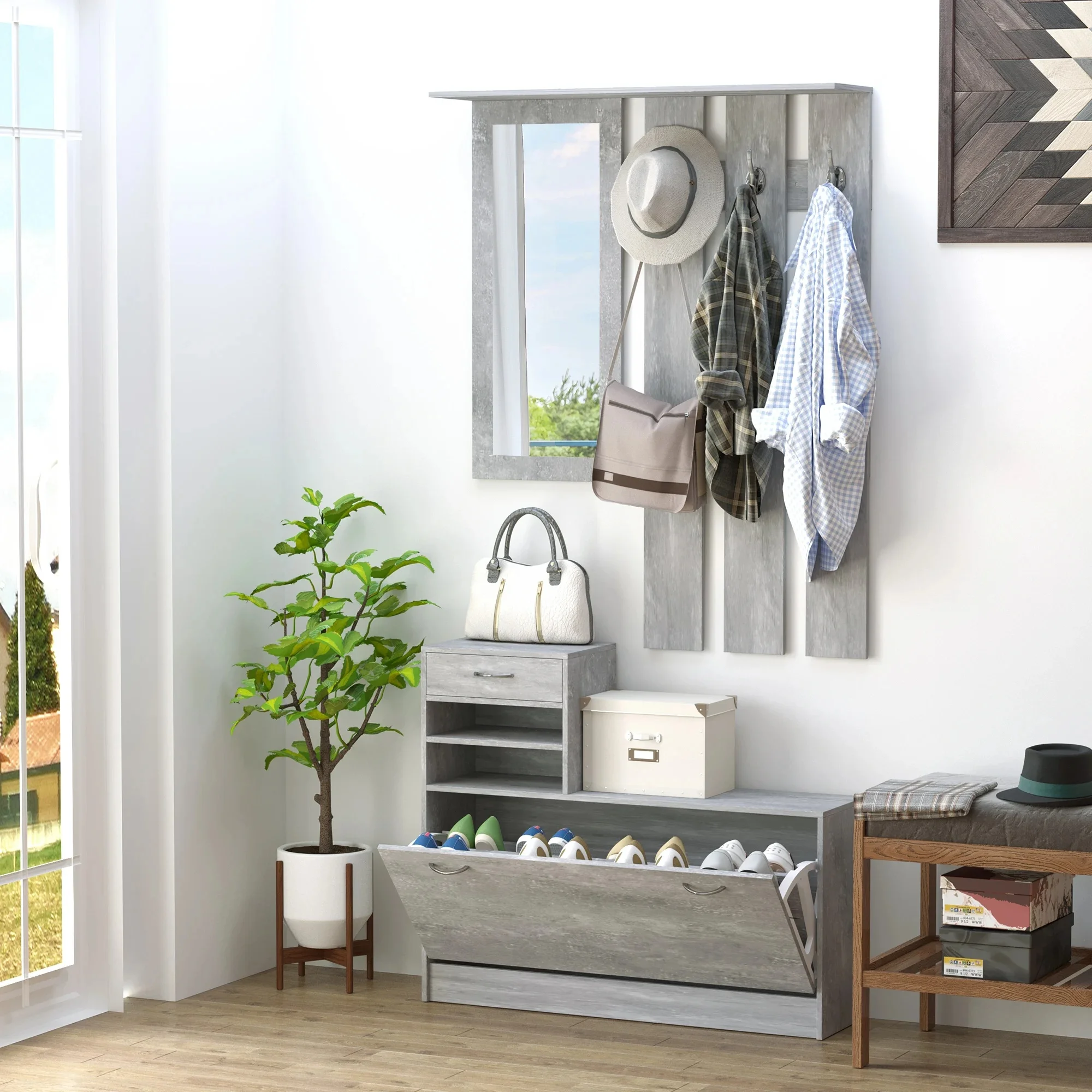 Outsunny Muebles De Entrada Recibidor Pasillo 3 Piezas Perchero Espejo Zapatero - afbeelding 2