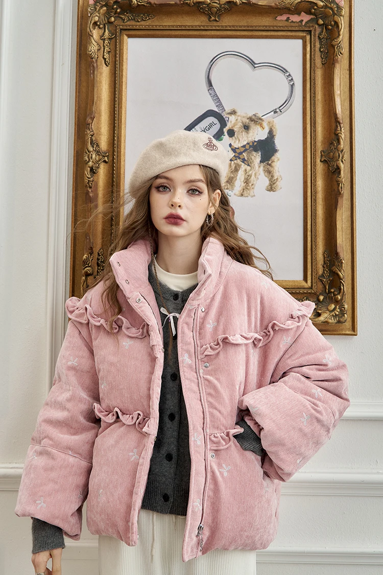 ELFSACK Winter Bow Embroidery Down Jacket for Women, Sweet And Cute Warm Velvet Cloth Thick Warm Coat