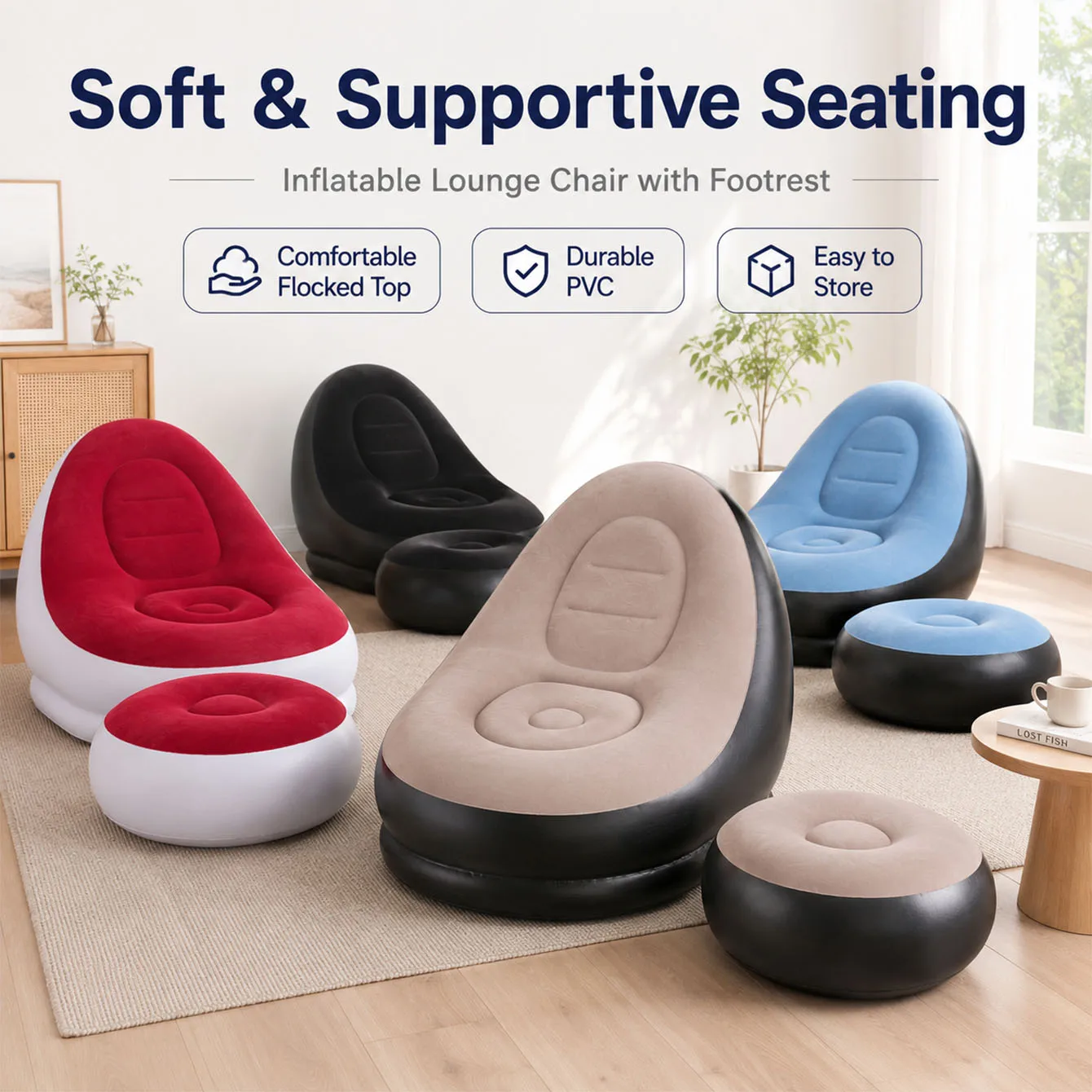 Fauteuil gonflable pour adultes, canapé gonflable pliable portable avec repose-pieds, fauteuil inclinable floqué, canapé gonflable
