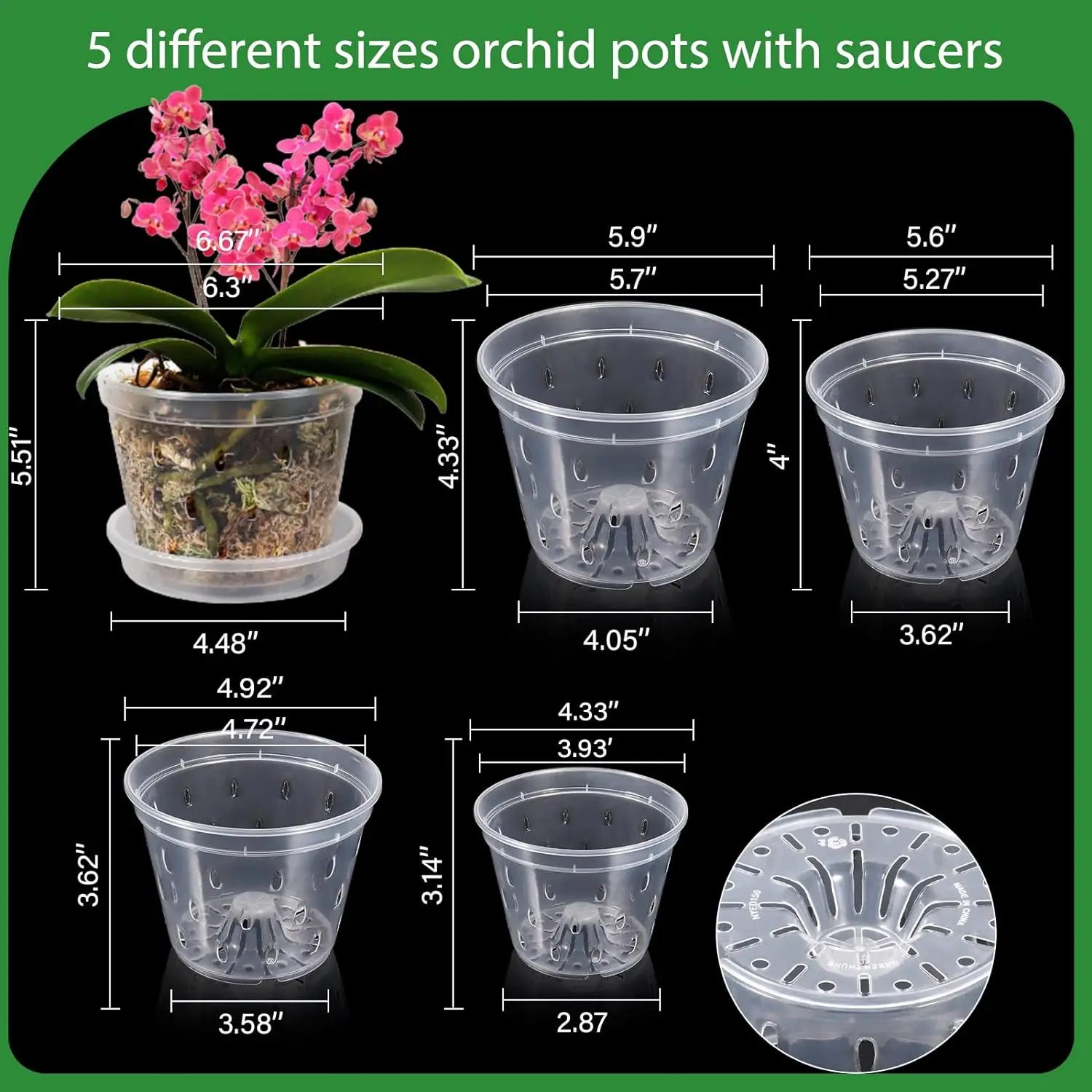 Plastic Orchid Pot 10 Pcs Clear Orchid Pots 2 Each of 4/5/5.6/6 and 6.8 Inch Orchid Planters Orchid Pot with Holes for Repotting