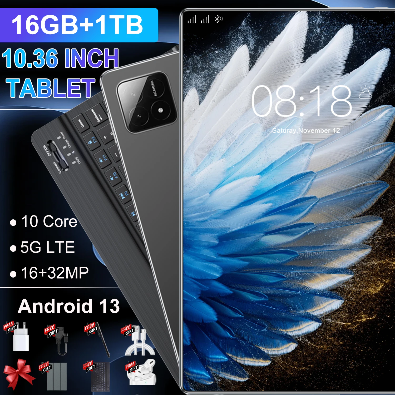 Tableta Android 13 de Alta Velocidad 2026, Pantalla de 10.36 Pulgadas, Batería de 12000 mAh, Procesador de 10 Núcleos, Almacenamiento de 16