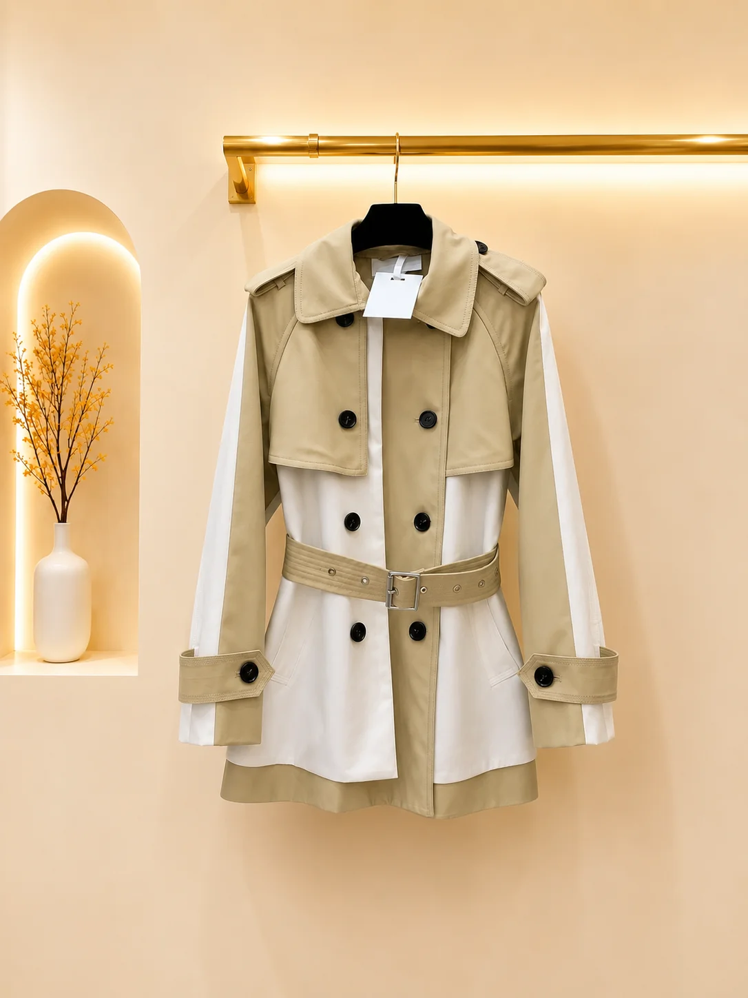 2026 Women Trench Coat Lapel Mid‑Length Color Spliced Double Breasted Adjustable Belt Shoulder Epaulets Cuff Strap