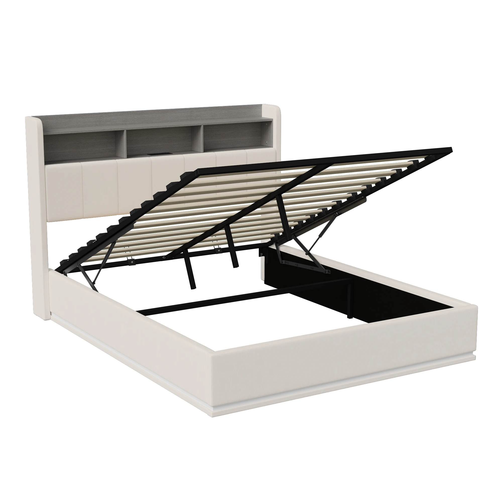 Polsterbett 140x200cm, Stauraumbett Weiß Samt mit Kopfteil-Regalen und Bettkasten, Hydraulisches Boxspringbett Doppelbett mit Lattenrost, Jugendbett Funktionsbett Bettgestell für Schlafzimmer