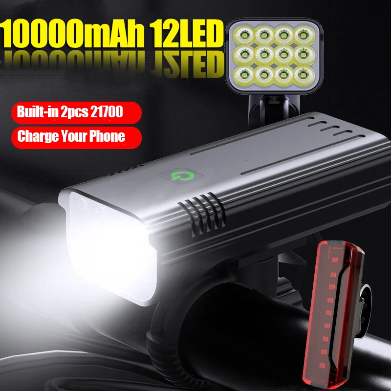 10000LM 12T6 Bike Light Built-in 10000mAh USB Rechargeable Rear Light Bicycle Headlight MTB Rode Flashlight Cycling Front Lamp