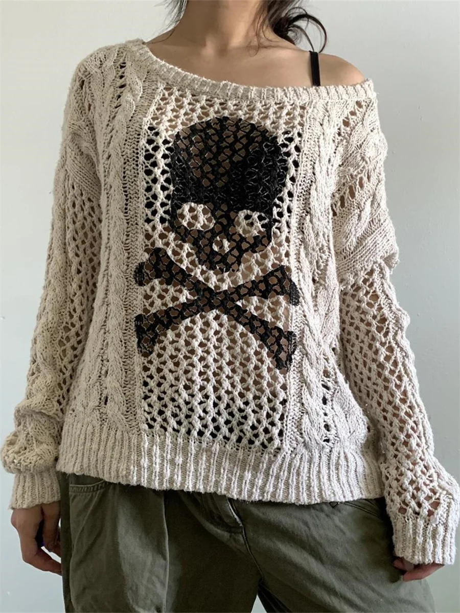 wsevypo Goth Grunge Hollow Out Cable Knit Sweaters Fall Winter Women Long Sleeve Off Shoulder Skull Print Pullovers Streetwear