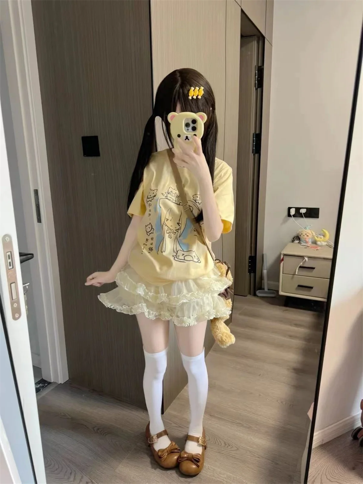 2026 Women Japanese Cartoon Printing Tops E-girl Fairycore Contrast Cute Graphic T Shirt Y2k Aesthetics Grunge Casual T-shirt