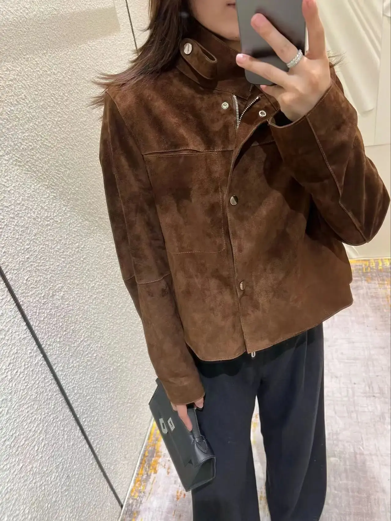 Stijlvol casual damesjack van echt suède met opstaande kraag