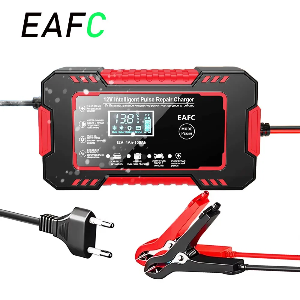 Cargador de batería de pulso inteligente de 12V y 6A con pantalla LCD de carga rápida para baterías de coche y motocicleta de ciclo profundo AGM/GEL/acido de plomo