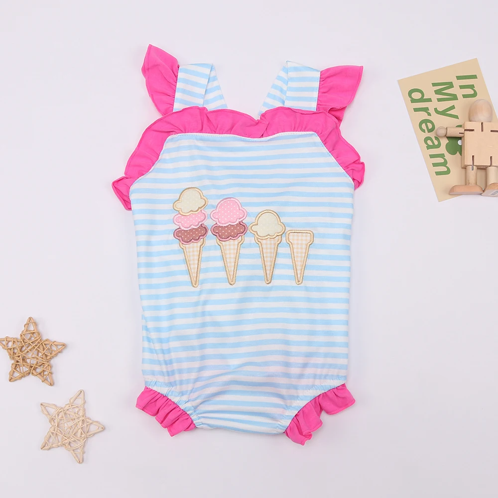 

New Born 0-3T Bubble Bow Romper Babi Girls Clothes Ice Cream Embroidered Bodysuit Pink Lace Outfit Kids Shorts Sleeve One Piece