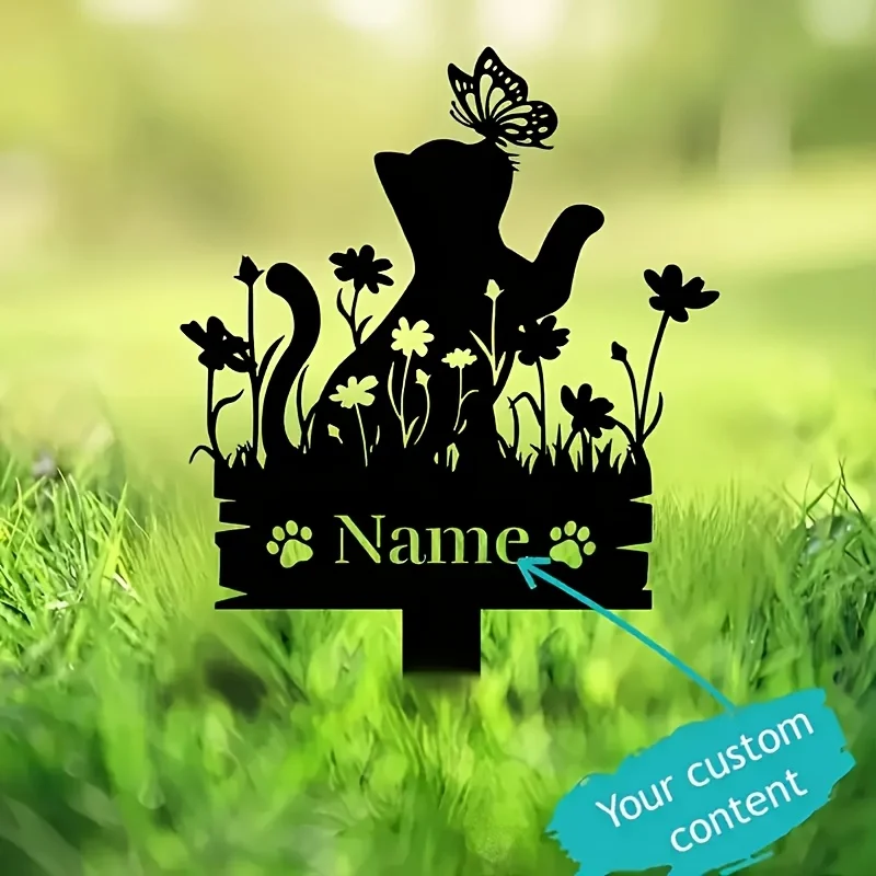 

Customizable Metal Cat Memorial - a Durable Outdoor Lawn Marker Featuring a Butterfly And Floral Design
