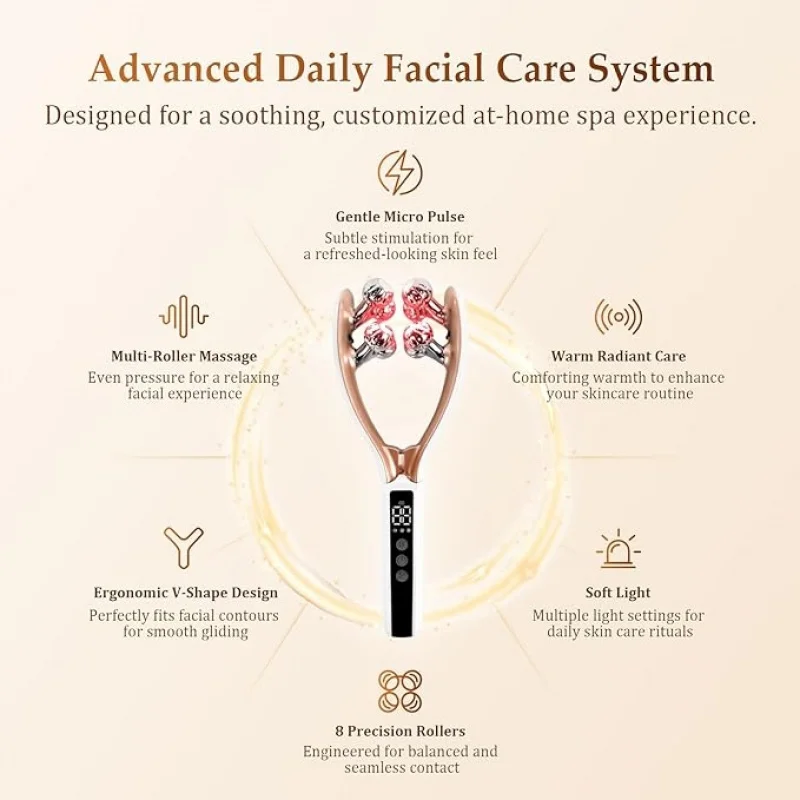 8-Roller V Shape Face Massager with Red Blue LED Light Microcurrent Warm Heat, Electric Facial Roller for Face Neck Jawline, Multi-Mode USB-C Rechargeable Skin Care Beauty Device for Women, Home Spa Daily Facial and Body Massage