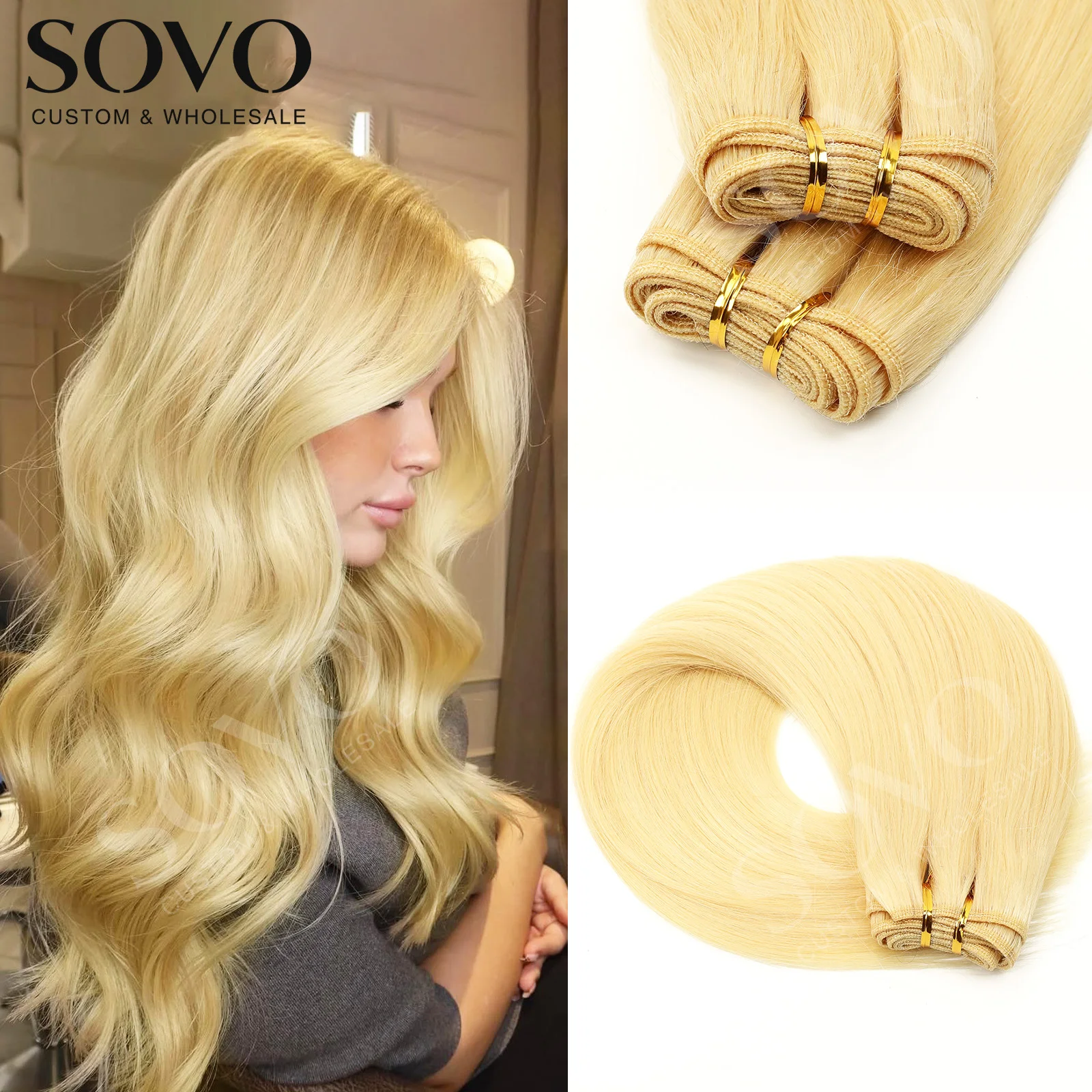 SOVO 26" Real Human Hair Weft Extensions #613 Bleach Blonde Straight 50/100g for Women Salon Use Add Length Volume