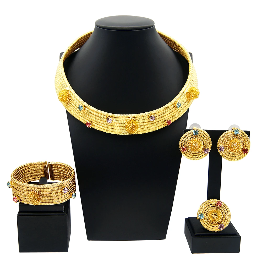 Classic Vintage Woman Necklace Jewelry Set Full Copper Material Colorful Rhinestones Luxury Bracelet Earrings Wedding Jewelry