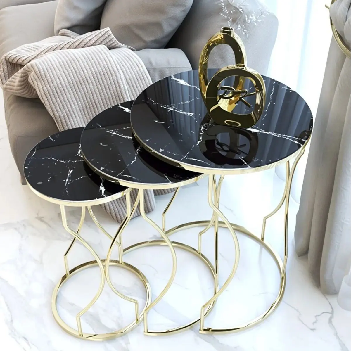 Decorative Set of 3 Nesting Coffee Table Unbreakable Tempered Glass Unique Modern Marble Patterned Gold Leg Set for Living Room