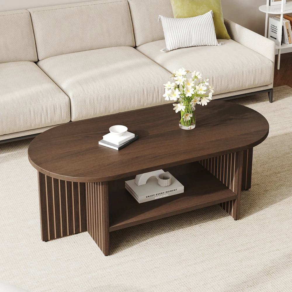 Tavolino da caffè ovale, 100 × 40 × 35 cm, tavolino da soggiorno con vano contenitore, realizzato in MDF, tavolino da caffè dal design moderno con scanalature, colore noce.