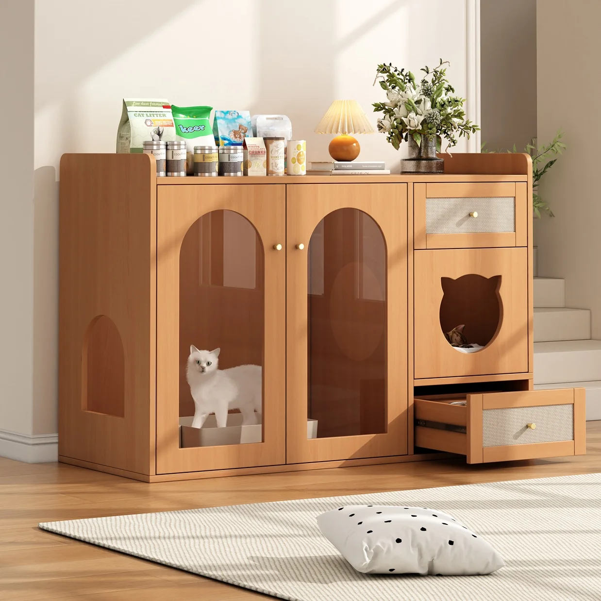 Meuble cache-litière 5-en-1, niche, espace repas, rangement, structure stable, intérieur, MDF et verre Noyer