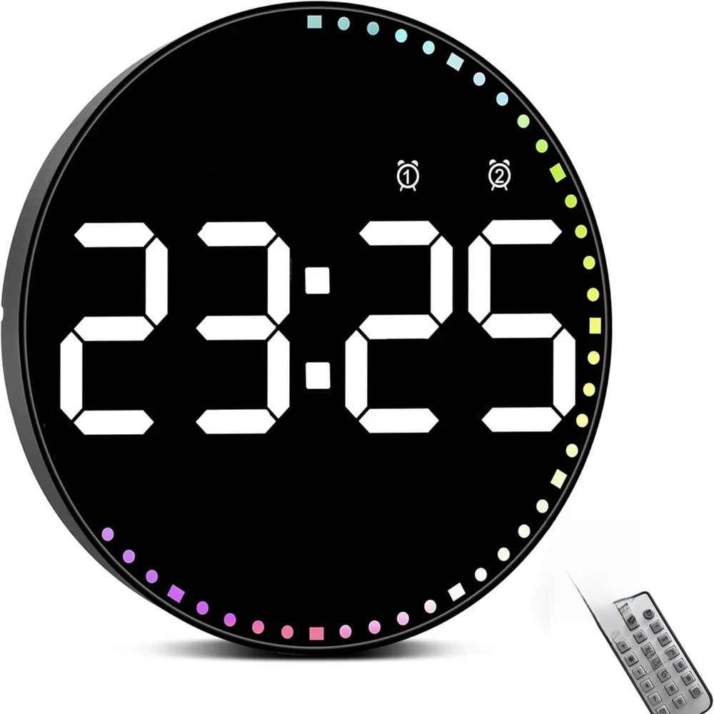 10-calowy kolorowy zegar ścienny LED z kalendarzem do dekoracji domu, z wyświetlaniem temperatury i podwójnym alarmem — zdjęcie 2