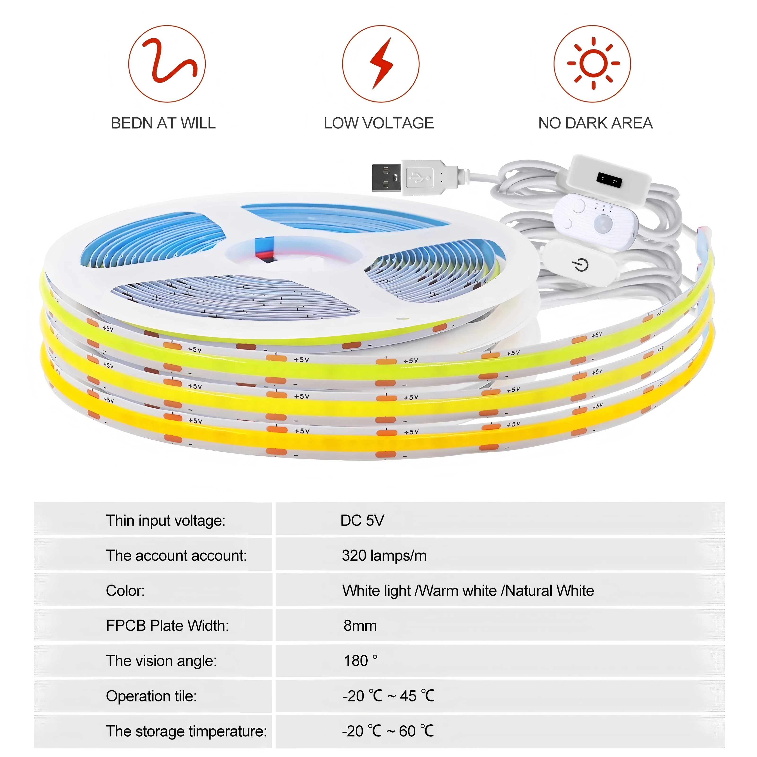 5V USB Switch Touch Dimmable COB Light Strip, Multiple Light Strips Connectable, 320 LEDs, 3000K-6000K, Home Decor Cabinet Light