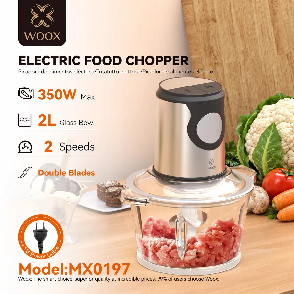 Woox Mx0197 Robot da Cucina Elettrico 350W con Ciotola in Vetro da 2L, Doppie Lame in Acciaio Inox, 2 Velocità, Trita Carne, Verdure, Formaggio, Pane, Facile da Pulire, Elettrodomestico da Cucina per