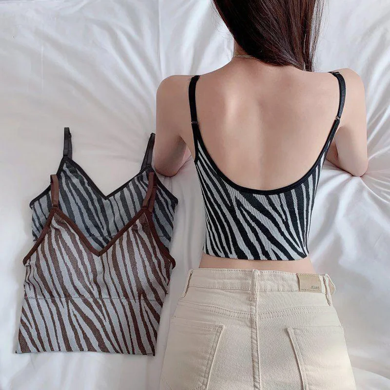 Zebra Stripes Tank Top Women Sexy All-Match High Elasticity Crop Tops Summer Breathable Slim Adjustable Female Camis with Padded