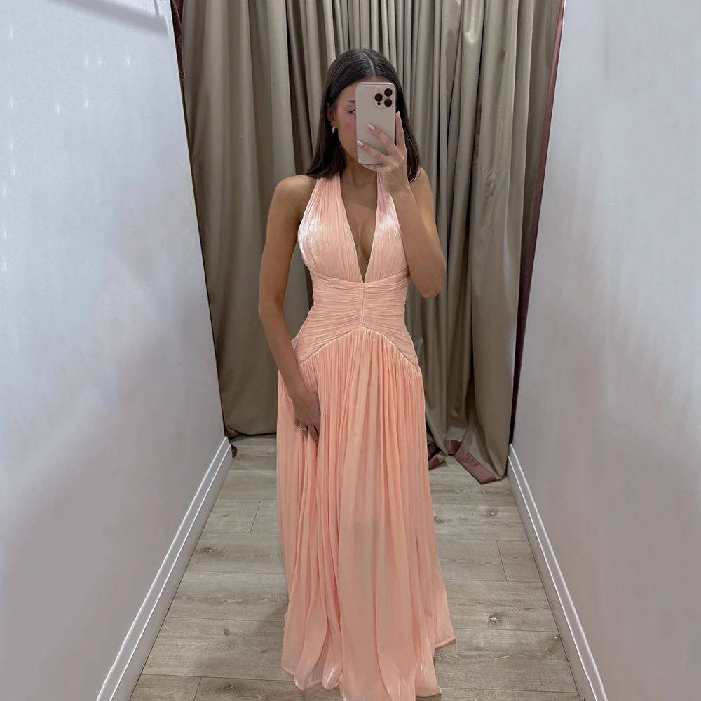 Galarity Maßgeschneidertes Neckholder-Abschlussballkleid, plissiertes A-Linien-Abendkleid, sexy, tiefer V-Ausschnitt, formelles Partykleid 2026, Hochzeitsgastkleid