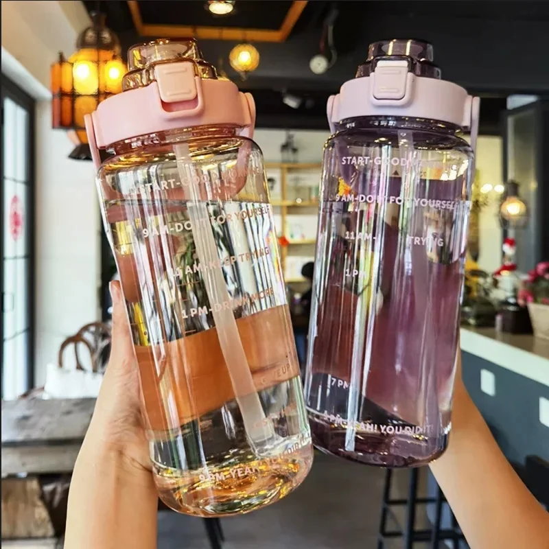 AliExpress NONE 2L Sports Water Bottle with Straw Portable Large Capacity Water bottles Fitness Bike Cup Summer Cold Water Jug with Time Marker
