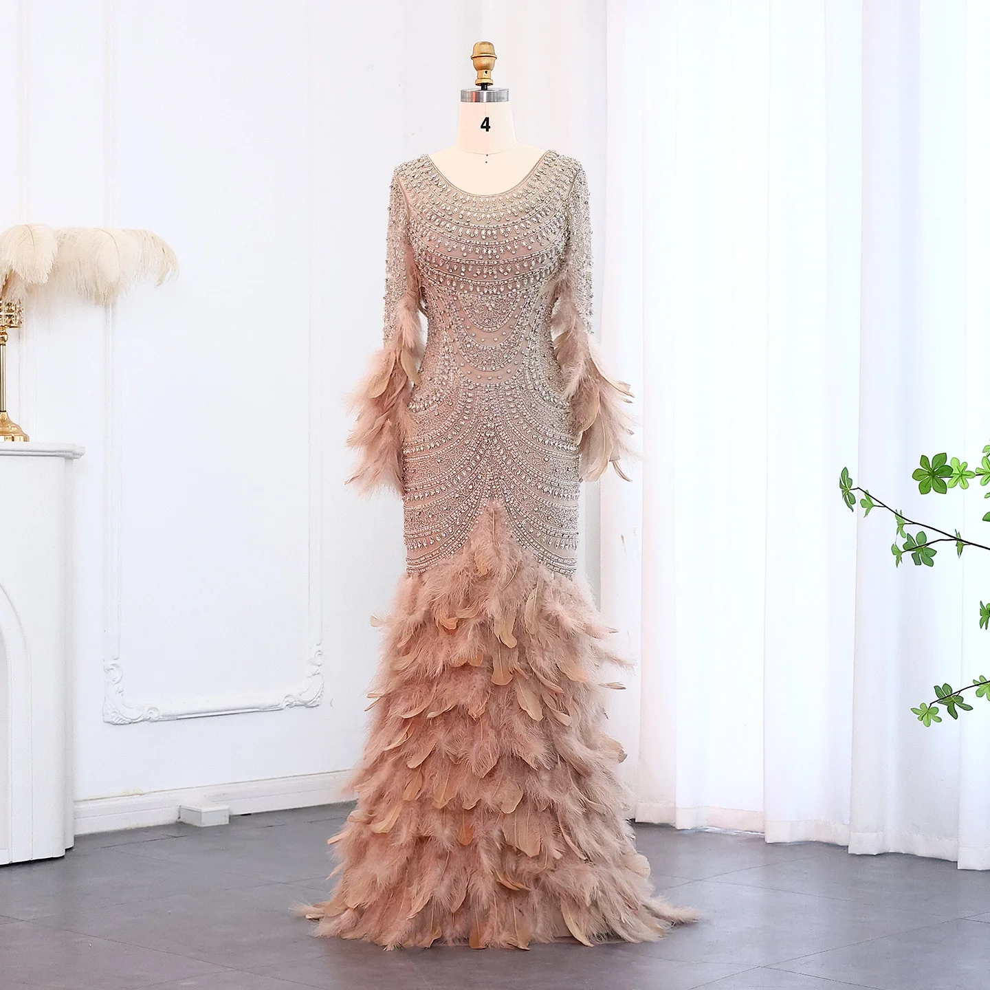 Sharon Said Luxury Dubai Feather Nude Mermaid Evening Dress 2025 for Women Wedding Party Long Sleeves Elegant SS076 Customized