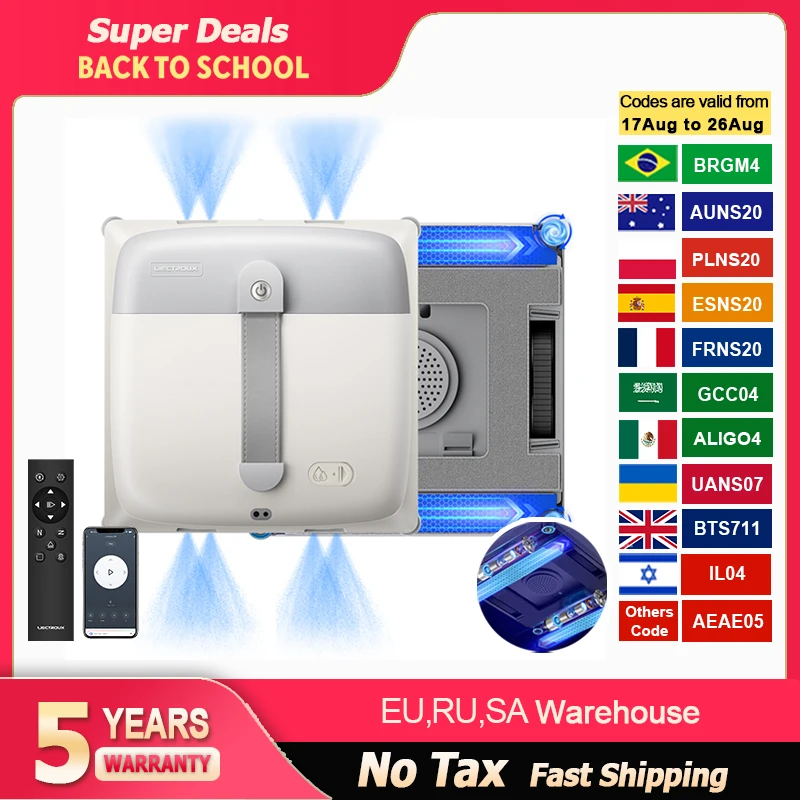 Liectroux G9 Robot Window Cleaner,10000Pa,Dual Vibrating Bionic Arms,8-Way Water Pump Spray,Nano Cleaning Squeegee,Smart Memory