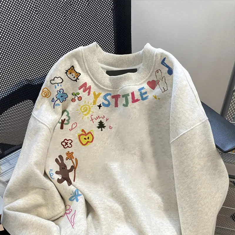 Y2K معطف كبير الحجم مطبوع عليه شخصية المرأة رمادي هوديي موضة الشرير Harajuku زوجين حتى هوديي ممارسة القمم ملابس Kawaii