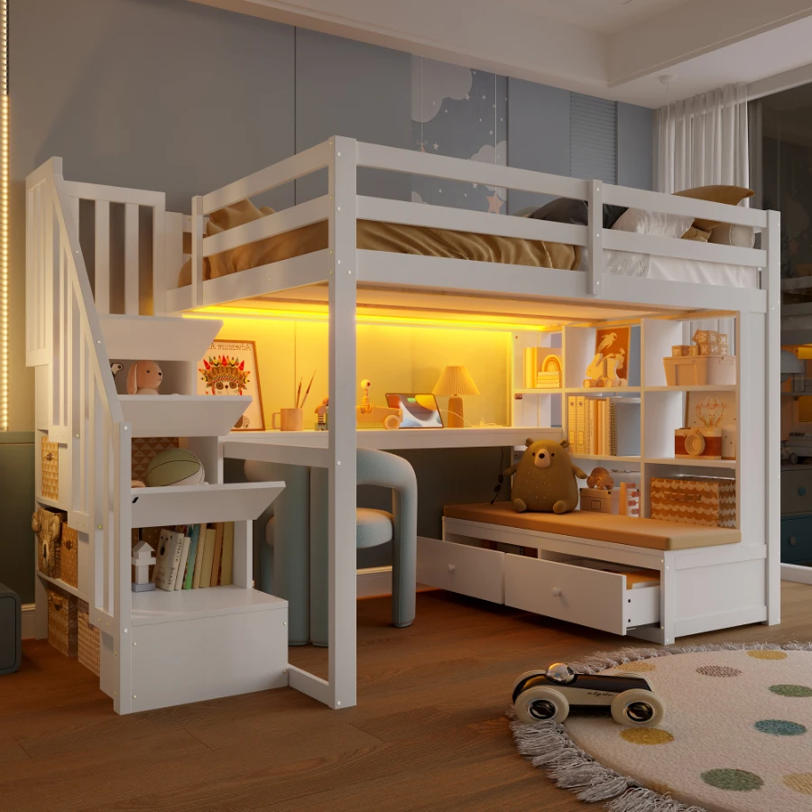 Lit mezzanine 140x200 avec bureau et étagères, deux tiroirs intégrés, escalier de rangement, blanc