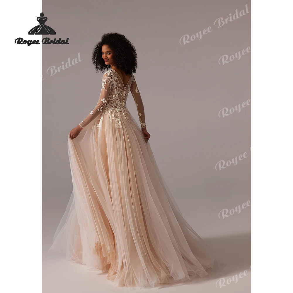 Elegant Applique Tulle A Line Wedding Dresses 2026 Paillette Buttons Beach Bridal Gown Custom vestido de novia