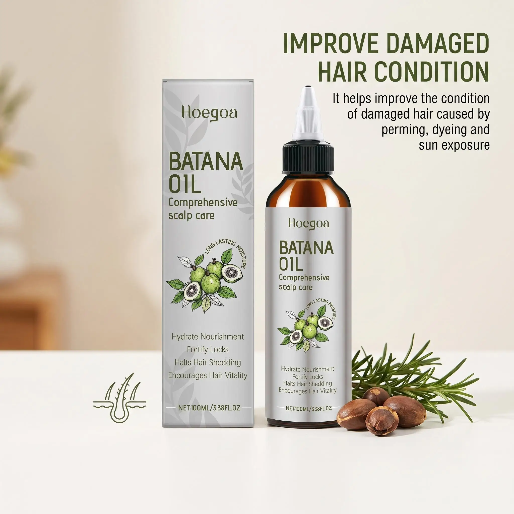 Hoegoa Batana Oil Scalp Treatment Hair Growth Serum Cold Pressed Natural Nourishing Essence Strengthening Roots Reduces Shedding Repair Damaged Hair 100ml