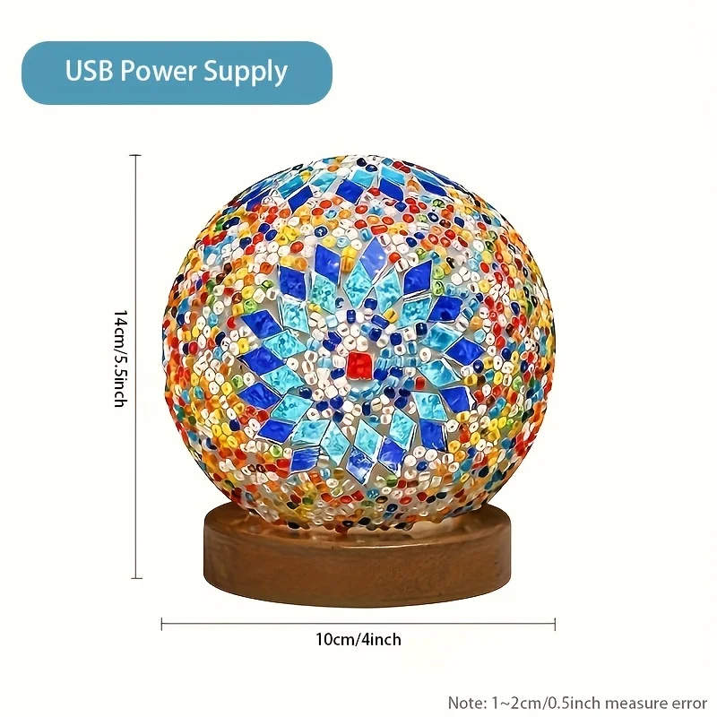 Mosaic Glass Ball Table Lamp Ball Lamp With Wooden Base Turkish Moroccan Round Small Lamp For Bedroom Living Room Home Decor