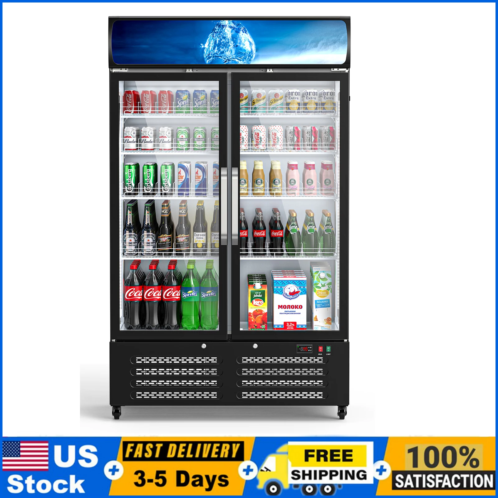 Commercial Glass Refrigerator, 2-Door Beverage Showcase Glass Door Stainless Steel Reach in French Door Refrigerators 28 cu.ft