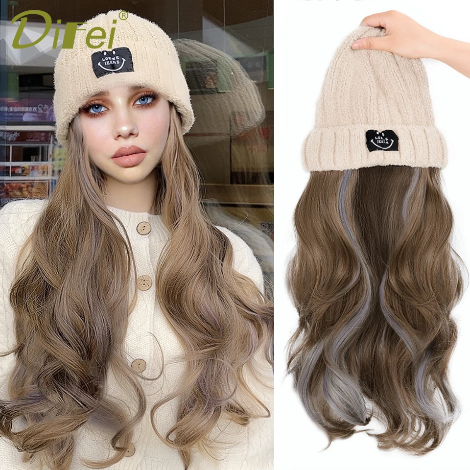 Synthetic Hat Wig Beanies Hat With Hair Wigs For Women Long Wavy Hair  Warm Soft Ski Knitted Autumn Winter Cap Heat Resistant Fi