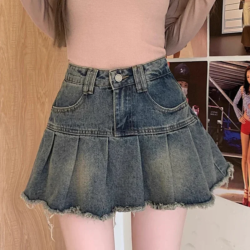 Letnie kobiety Y2k Wysoka talia Mini spódniczki Dziewczyny Koreańska linia Denim Plisowana sukienka Kobieca moda Punk Niebieskie spódnice dżinsowe Harajuku — zdjęcie 2