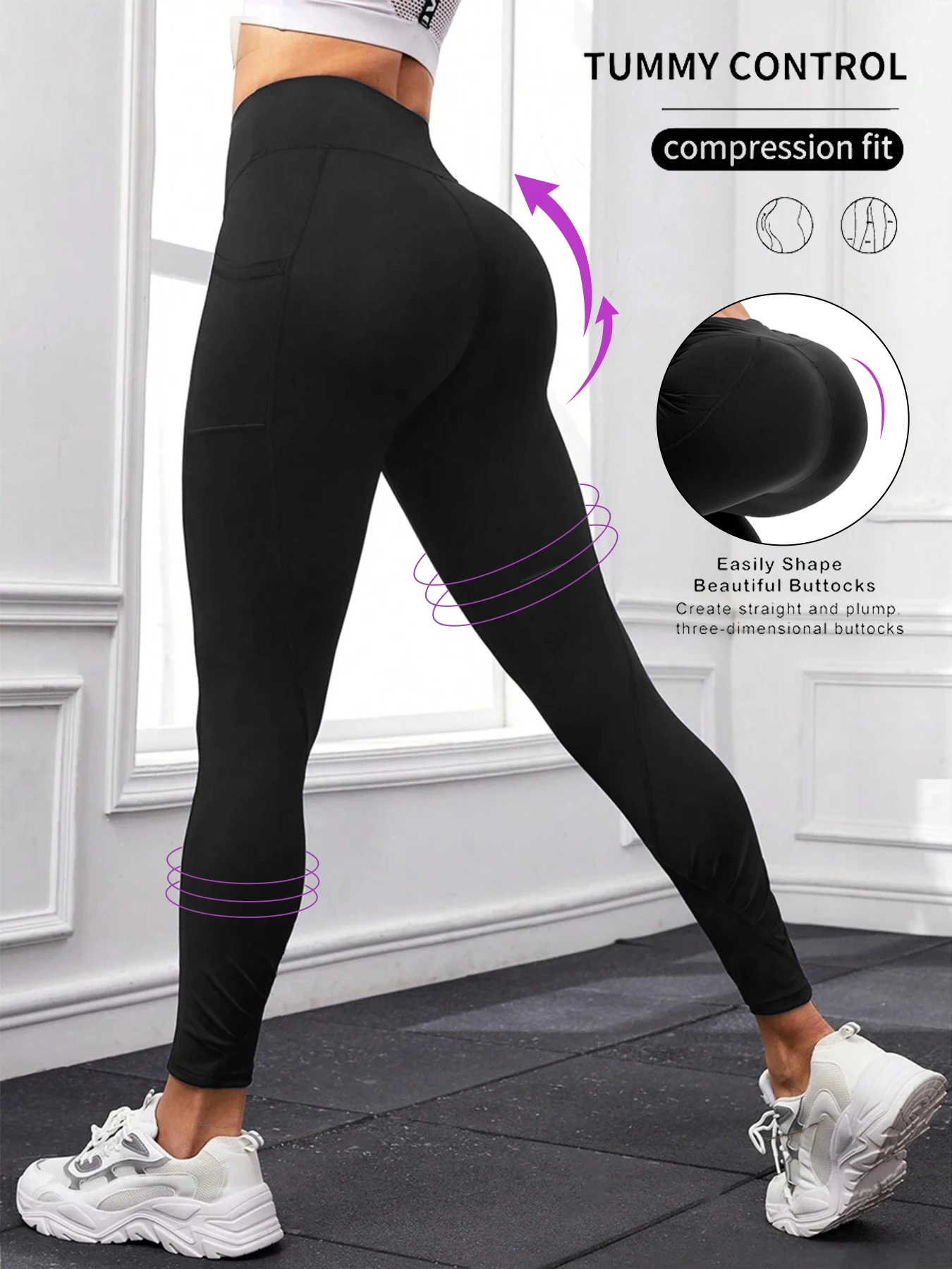 

Женские леггинсы для тренировок, с карманами, мягкие пухлые брюки для йоги с высокой талией для бега, женские черные леггинсы, повседневные