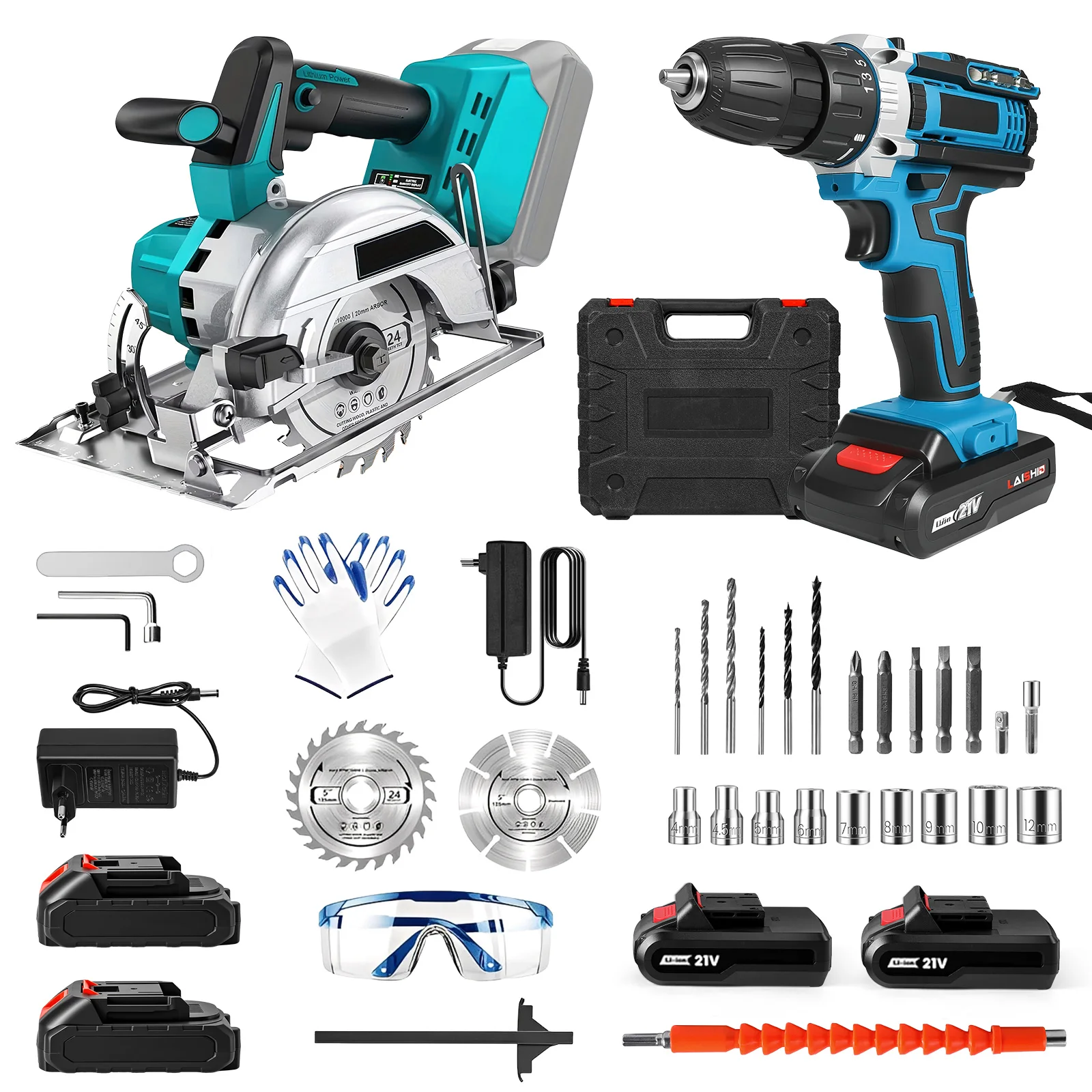 21V Holzbearbeitungs-Elektrowerkzeug-Kombiset, bürstenlose 125-mm-Elektro-Kreissäge (10.800 U/min / 0–45°) °   Schrägfräser (45 mm Tiefe) + 32 N·m Akku-Bohrschrauber 1350 U/min, 2-in-1 Schneid- und