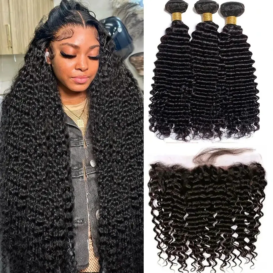 

Deep Wave Bundles With 13x4 Lace Frontal Transparent Lace Frontal With 3 Bundles Deep Curly Human Hair Bundles With Lace Closure