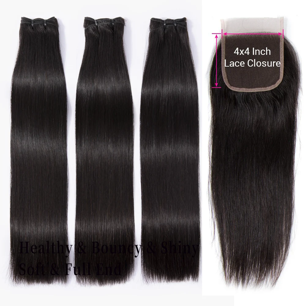 10A Brazilian Hair Straight Bundles With Closure Human Hair Weave Straight Extension With 5x5x1 Part Lace Closure For Women