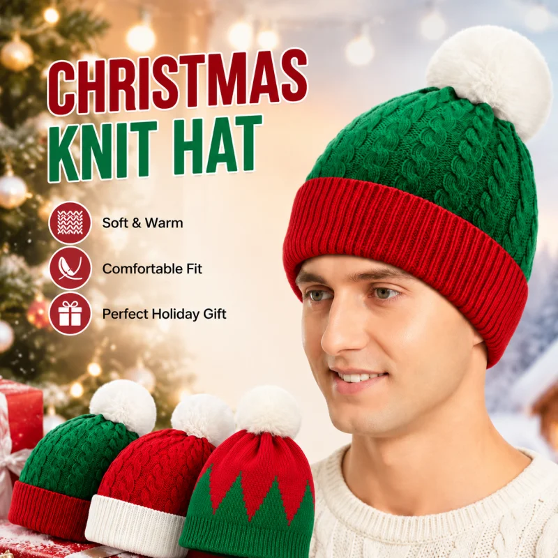 Christmas Santa New Year Hat Winter Warm Crochet Knit Beanies Skullcap Pompom Cap Bonnet Xmas Party Gift 2 Sizes For Adult Kids