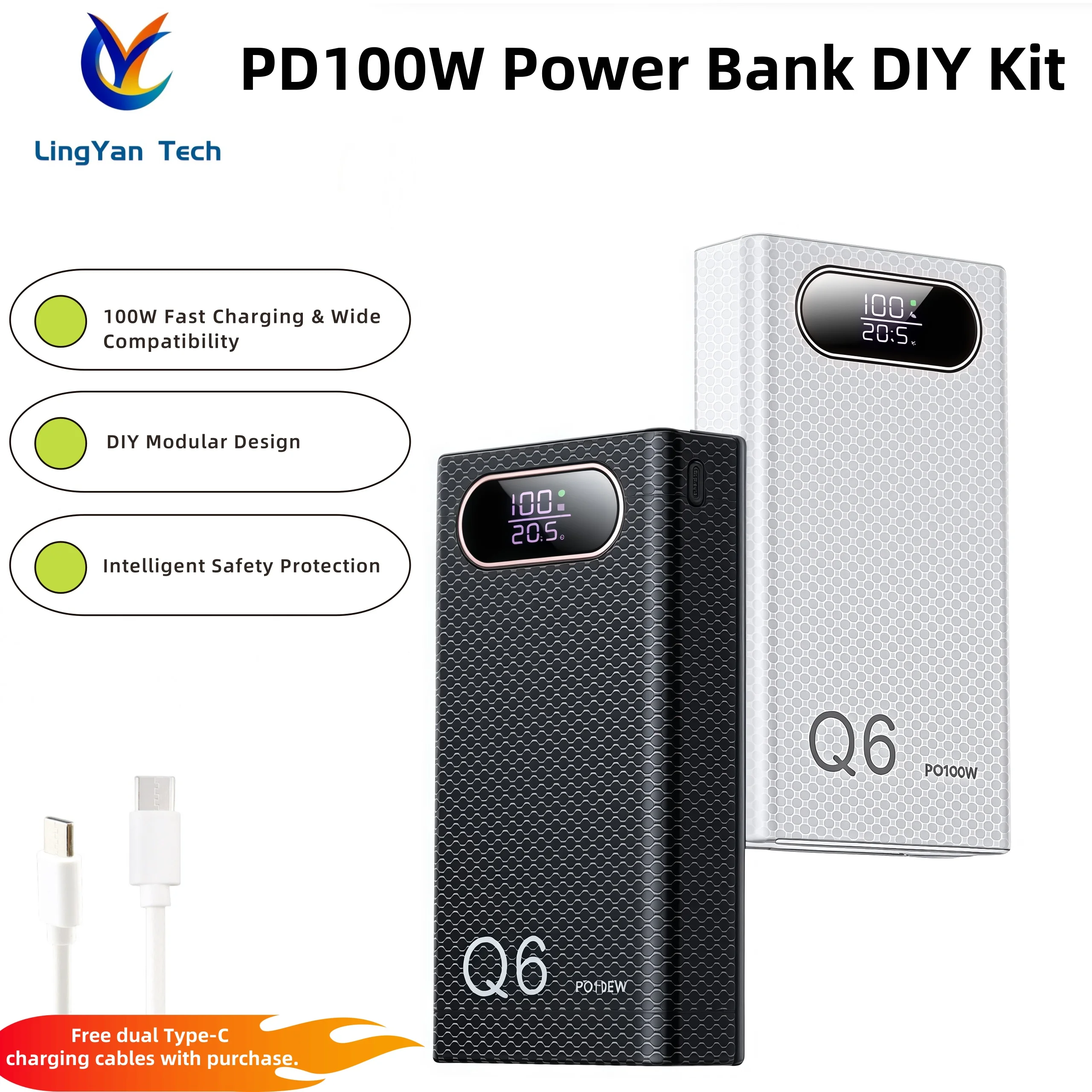 PD100W Hızlı Şarj Güç Bankası DIY Kiti 20 V 5A 6x21700 Pil Paketi Taşınabilir Özelleştirilebilir Lehimleme Yok Montajı Kolay