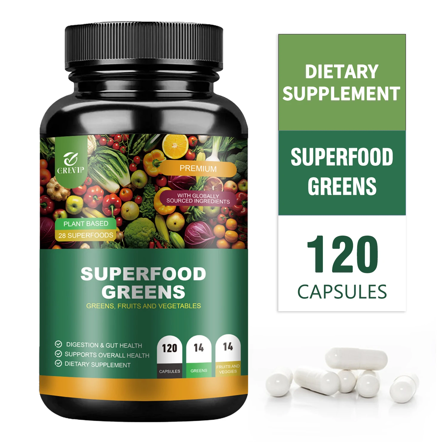 Organic Superfood Greens - Antioxidant, Digestive Support, Energy Boost - 120 Capsules