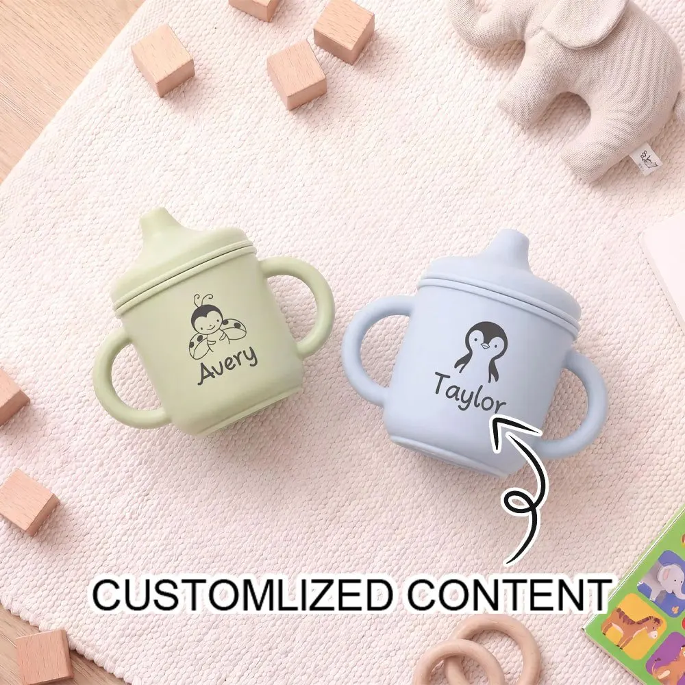 Personalized Baby Silicone Sippy Cup Custom Name Cute Squirrel Line Art Print Double Handle Toddler Cup Shower Birthday Gift.