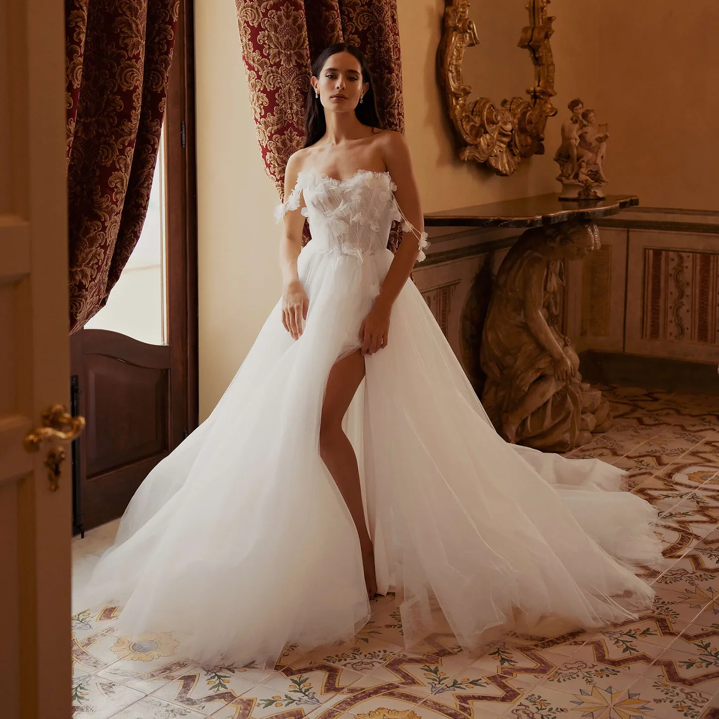 

Sharon Said High Quality A-Line Off White Tulle Wedding Dress 2025 Vintage Side Slit Off Shoulder Bride Gowns SW476 Customized