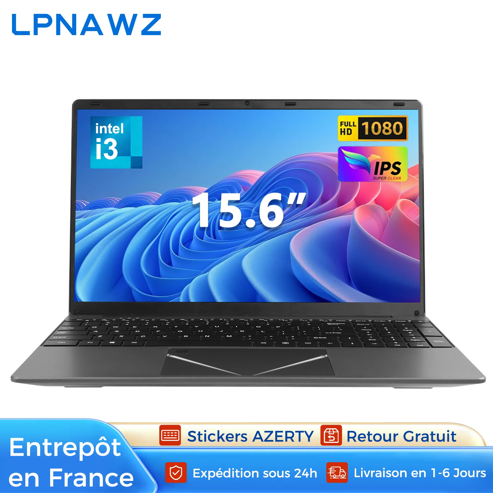 Ordinateur Portable 15.6" Full HD - PC Portable Intel Core i3, 8Go/16Go RAM, SSD 256Go/512Go, Écran 1920x1080, Windows Préinstallé, Clavier AZERTY Français, Idéal pour Bureau et Études, Prêt à