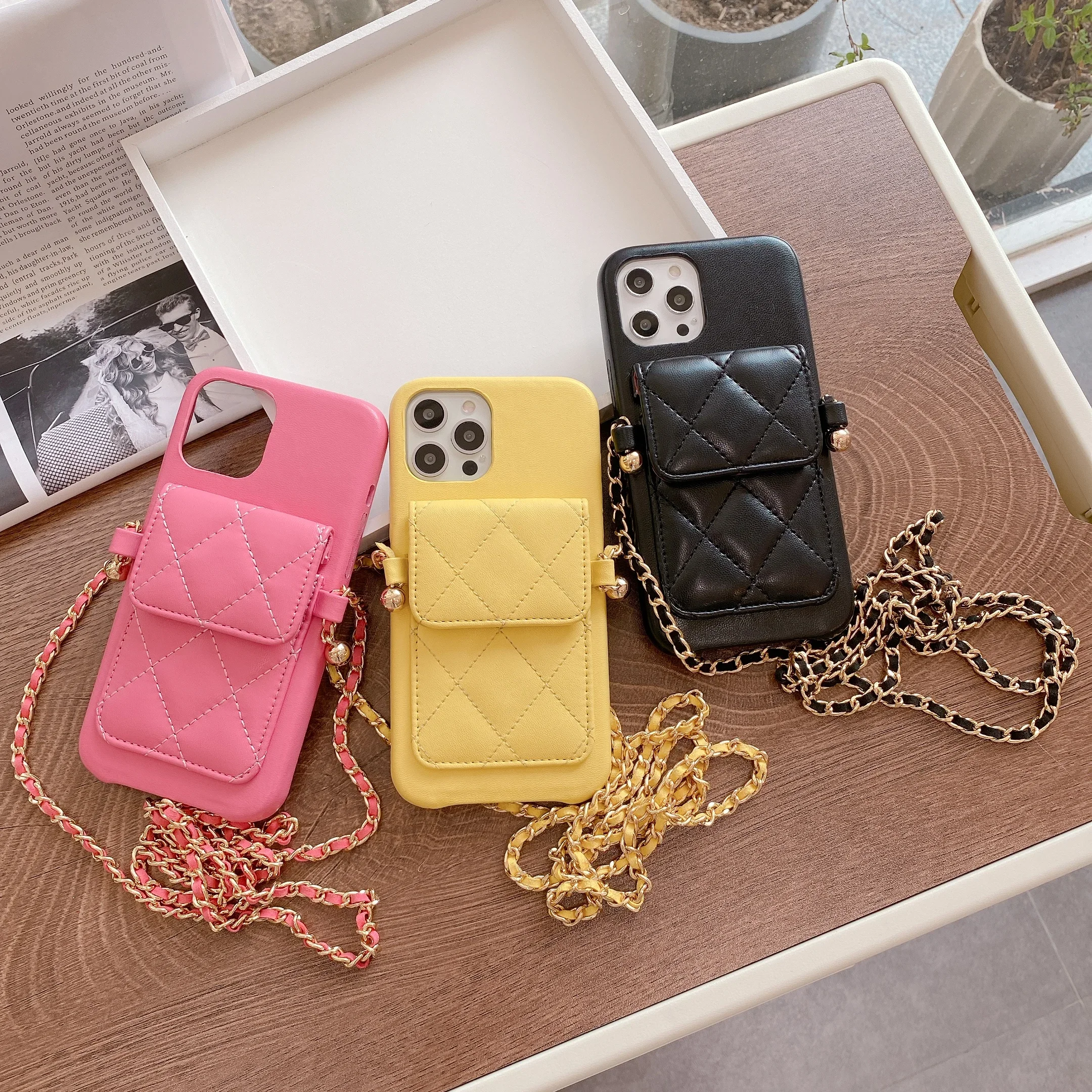 Luxo mais recente diagonal cinta com suporte cartão cordão de couro para iphone 13 12 11 pro max 8
