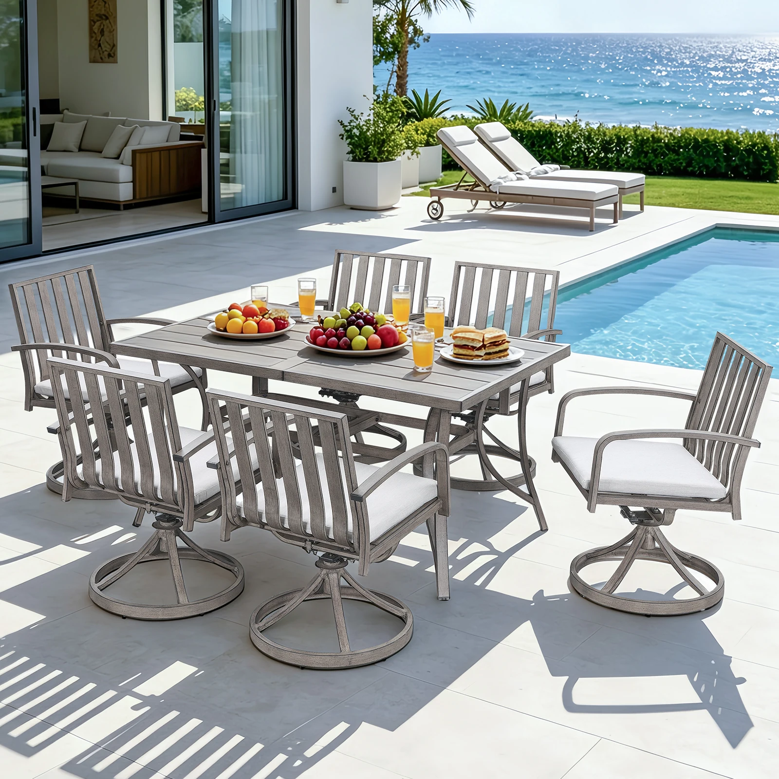

SeeHill 7-Piece Patio Dining Set, Aluminum Table with 6 Swivel Chairs and Cushions, Umbrella Hole, Deck, Garden, Limed Oak